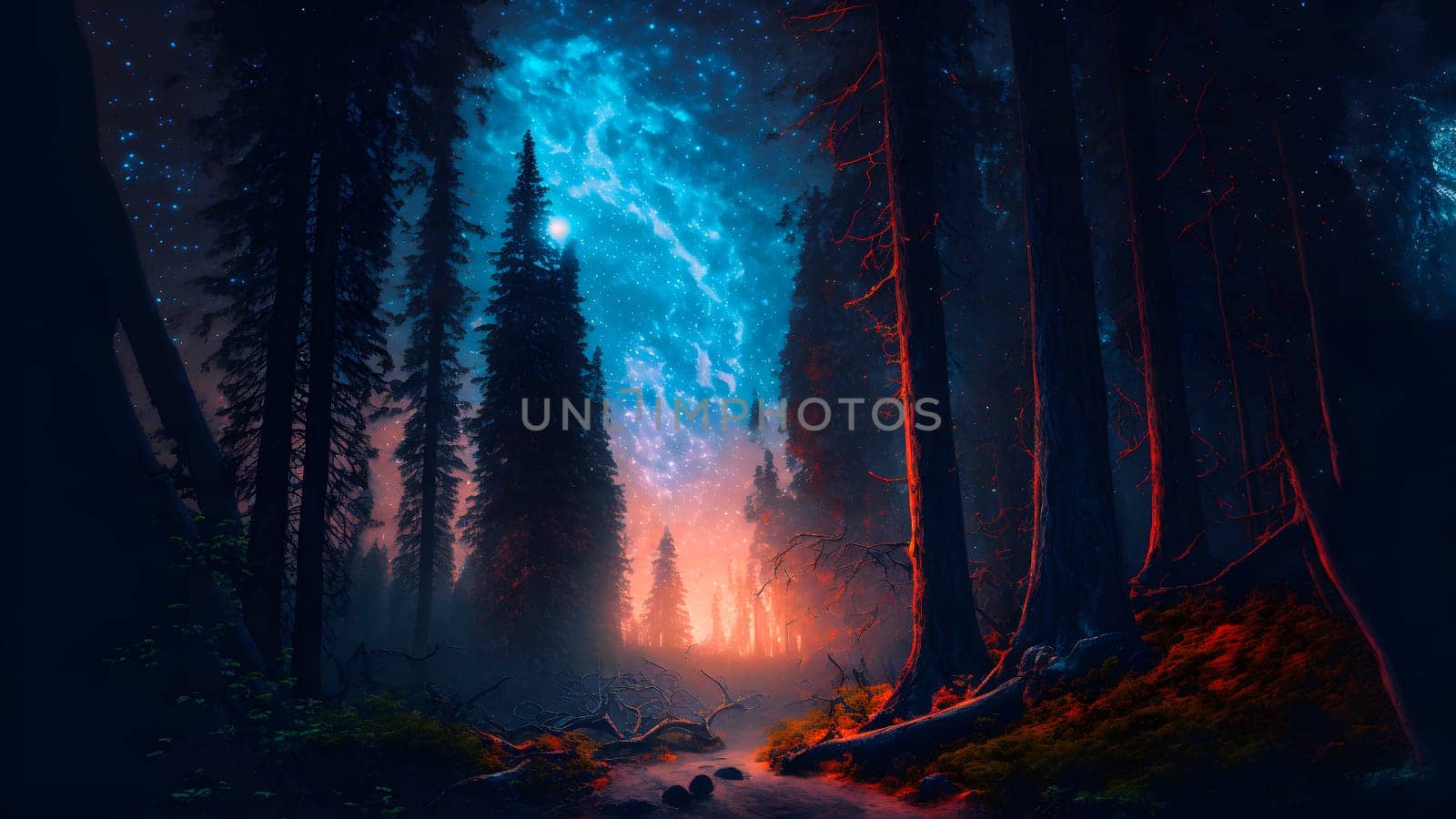 fantastic summer night forest with stars and nebulas, neural network generated art. Digitally generated image. Not based on any actual person, scene or pattern.