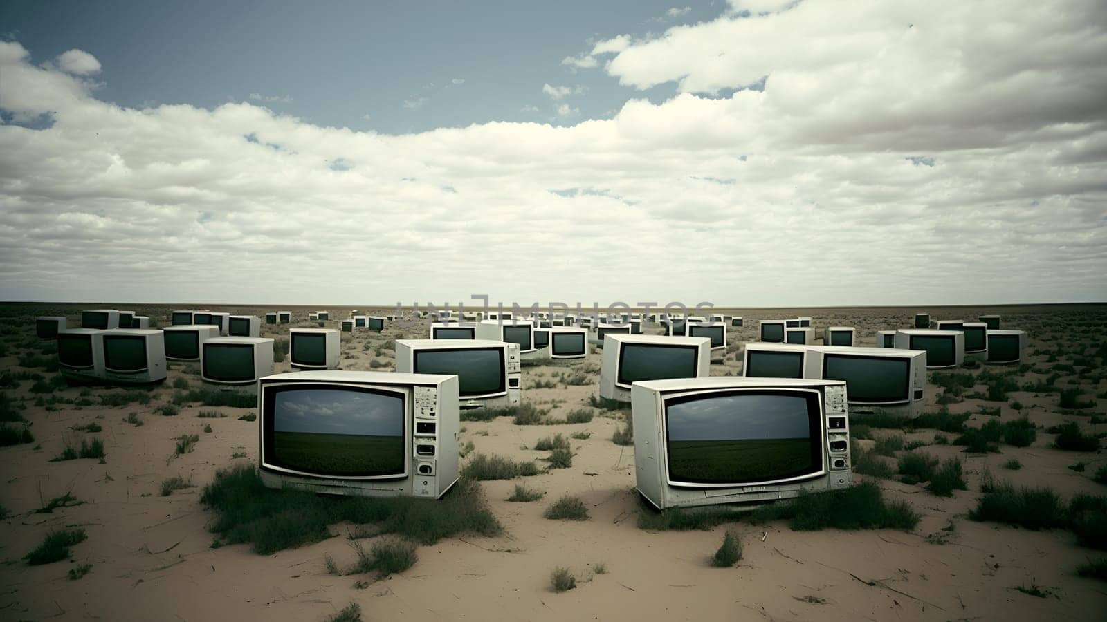 desert covered with old analog tv sets at summer daylight, neural network generated art. Digitally generated image. Not based on any actual person, scene or pattern.