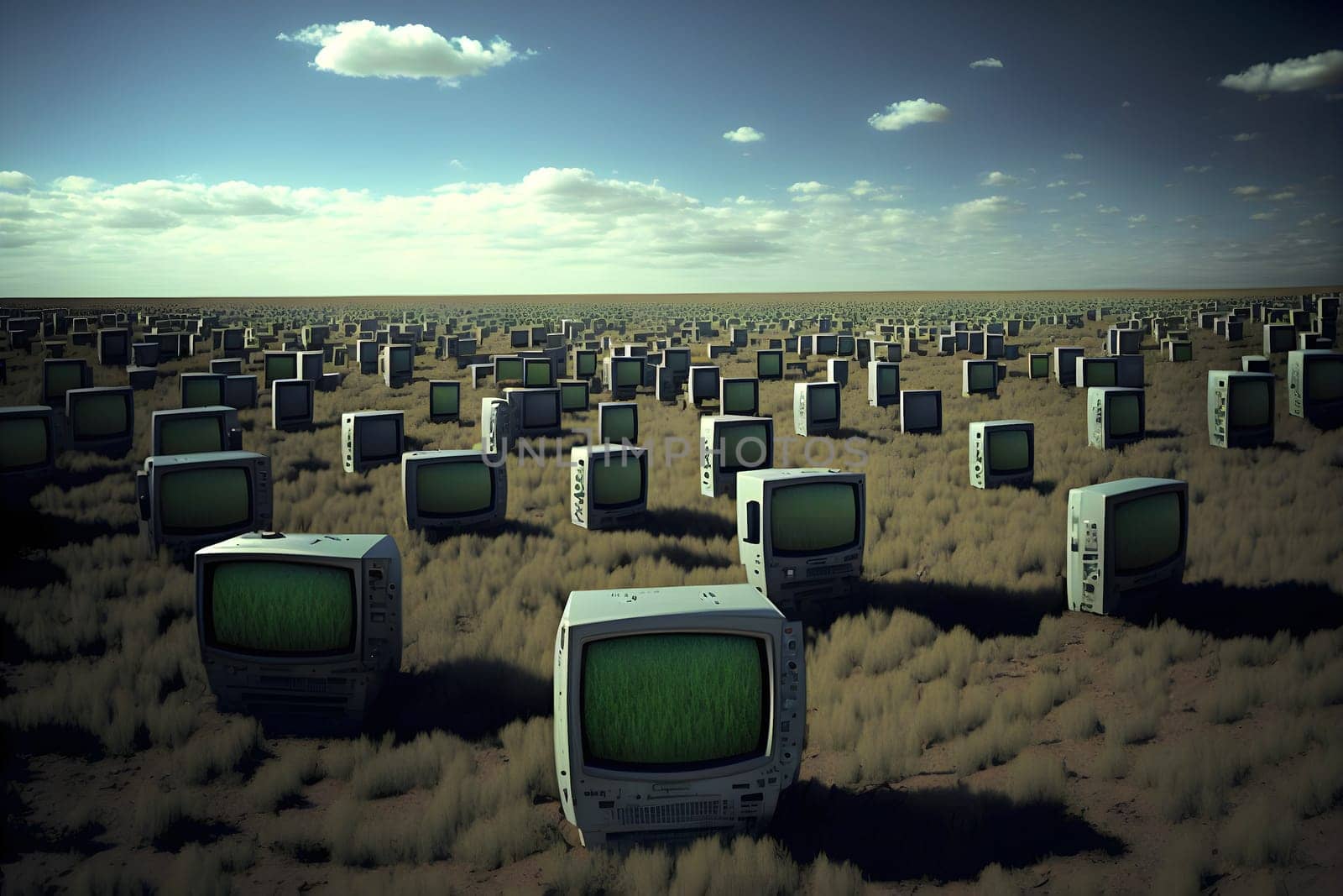 desert covered with old analog tv sets at summer daylight, neural network generated art. Digitally generated image. Not based on any actual person, scene or pattern.