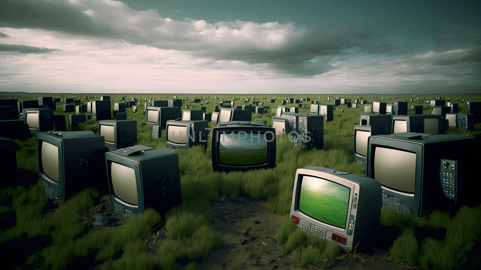 field covered with old analog tv sets at summer daylight, neural network generated art by z1b