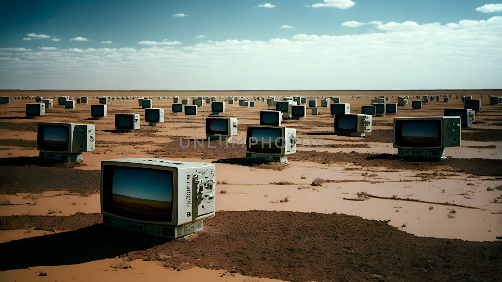 desert covered with old analog tv sets at summer daylight, neural network generated art by z1b
