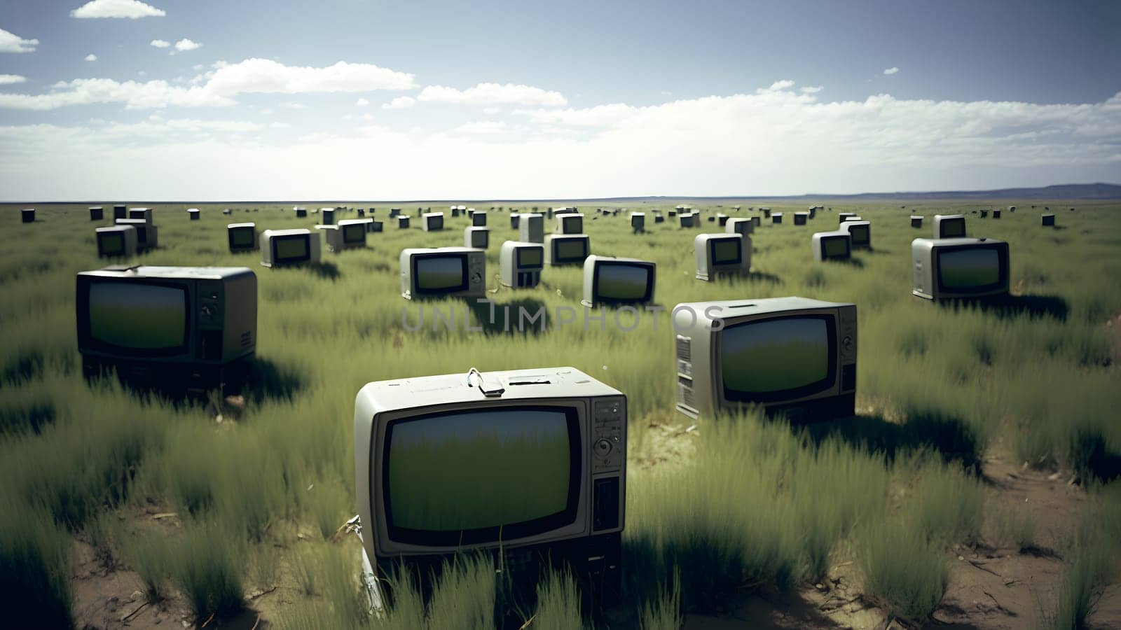 field covered with old analog tv sets at summer daylight, neural network generated art by z1b
