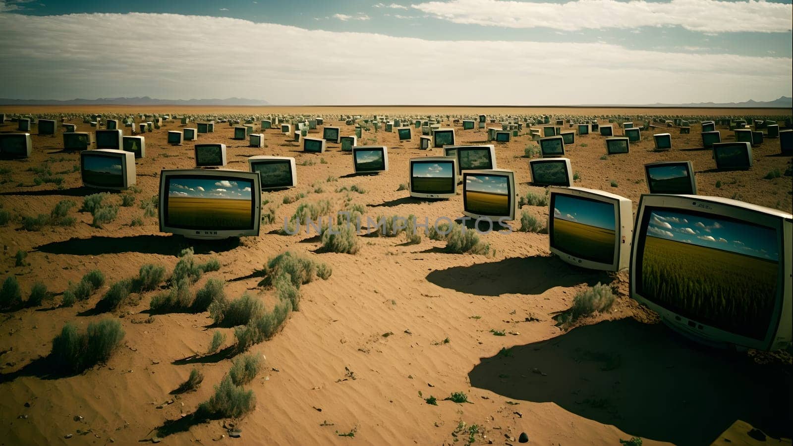 desert covered with old analog tv sets at summer daylight, neural network generated art. Digitally generated image. Not based on any actual person, scene or pattern.