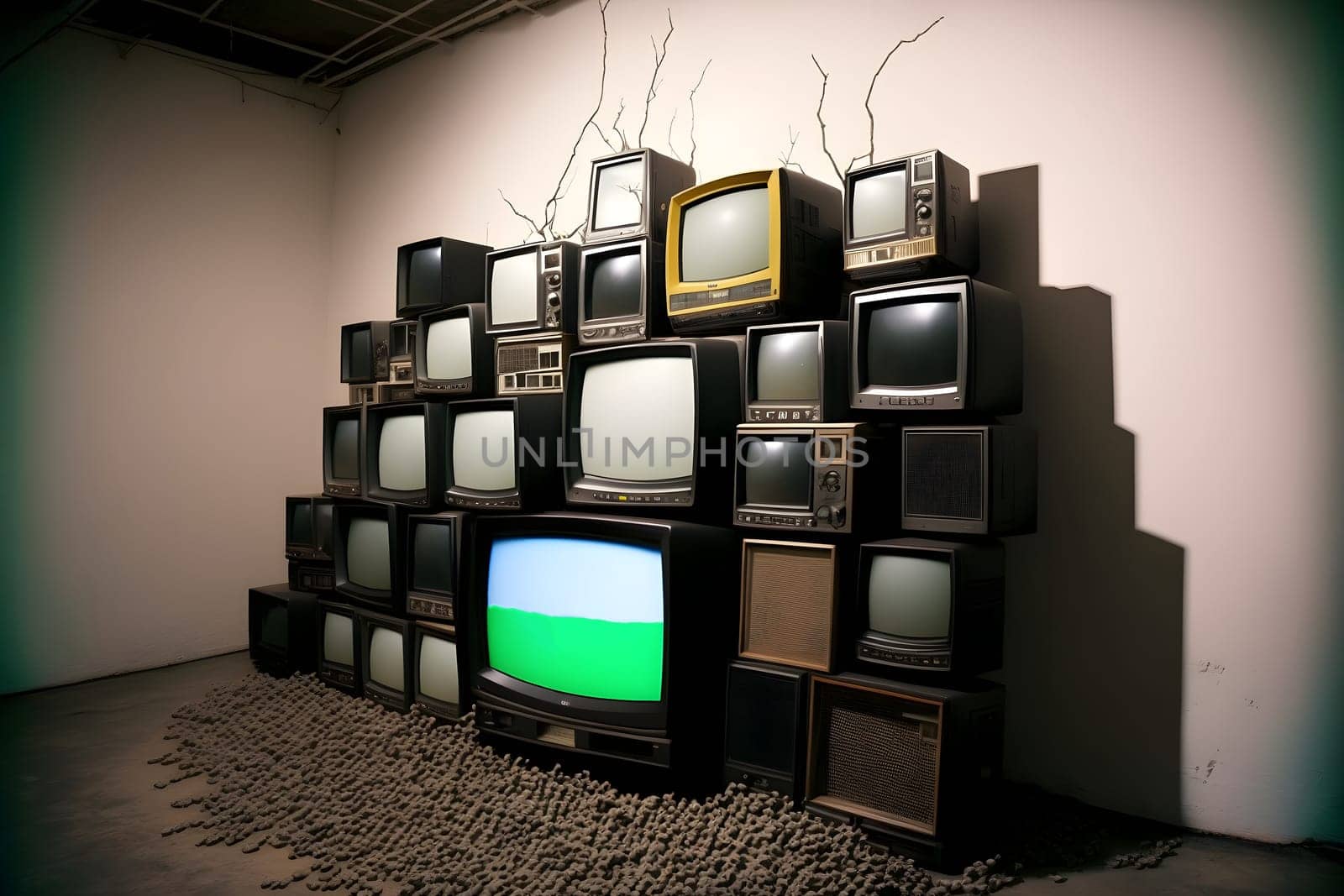 many turned off old analog tv sets stacked along the wall, neural network generated art by z1b