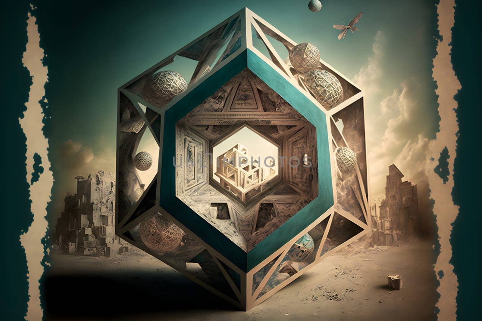 surreal hexagonal diamond shape entity with indescribable shapes and signs in its sides , neural network generated art by z1b