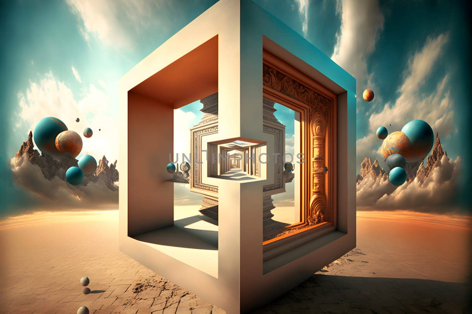 abstract cuboid visualisation of multi-dimensional space on sand of desert at day time, neural network generated art. Digitally generated image. Not based on any actual person, scene or pattern.