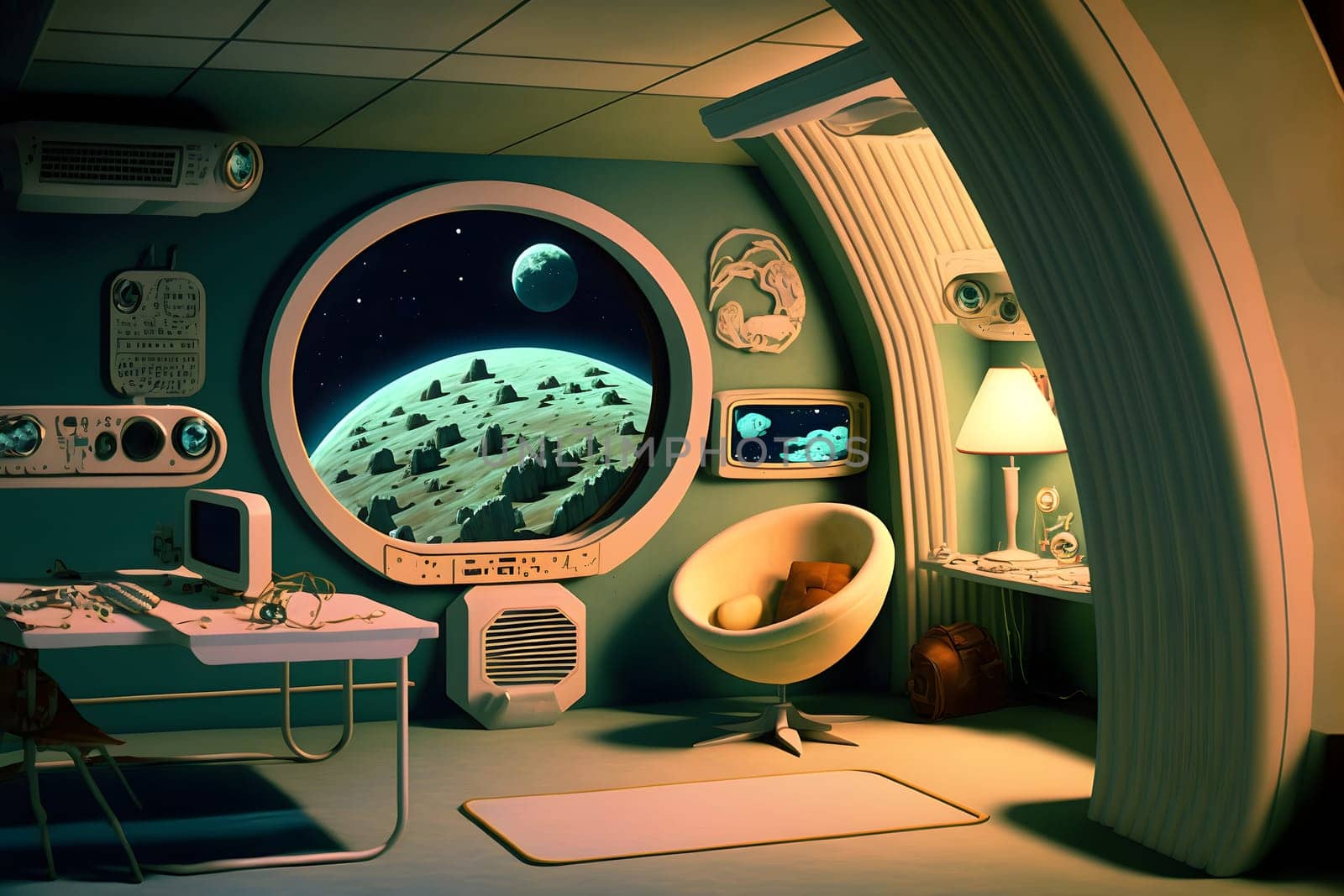 interior of utopian retrofuturistic moonbase, neural network generated art. Digitally generated image. Not based on any actual person, scene or pattern.