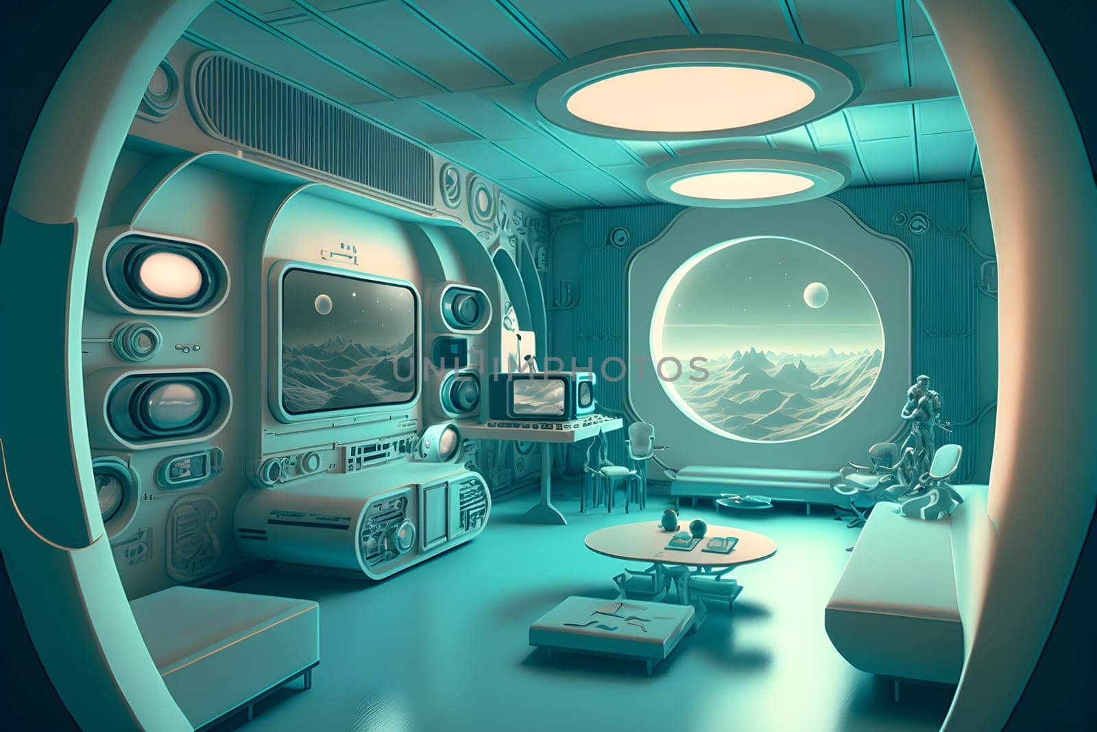 interior of utopian retrofuturistic moonbase, neural network generated art. Digitally generated image. Not based on any actual person, scene or pattern.