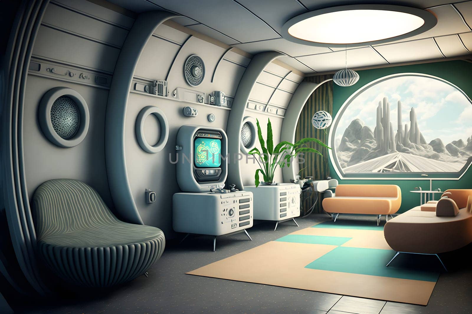 interior of utopian retrofuturistic moonbase, neural network generated art. Digitally generated image. Not based on any actual person, scene or pattern.