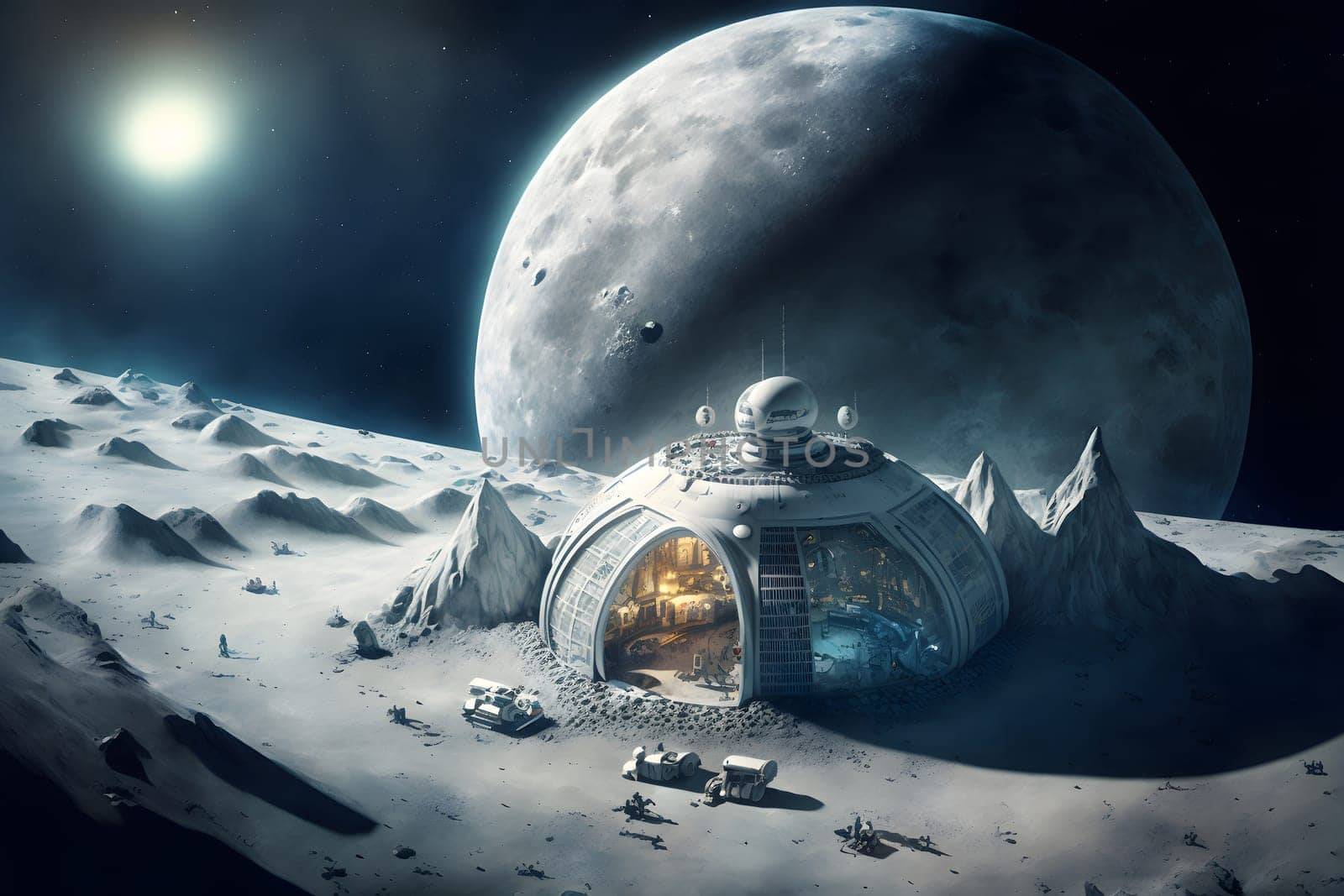 dome shaped habitat base on planet or moon surface, neural network generated art. Digitally generated image. Not based on any actual person, scene or pattern.