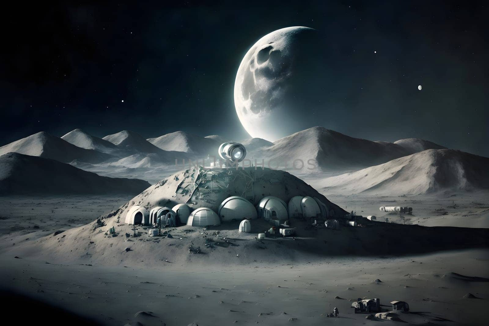 dome shaped habitat base on planet or moon surface, neural network generated art. Digitally generated image. Not based on any actual person, scene or pattern.