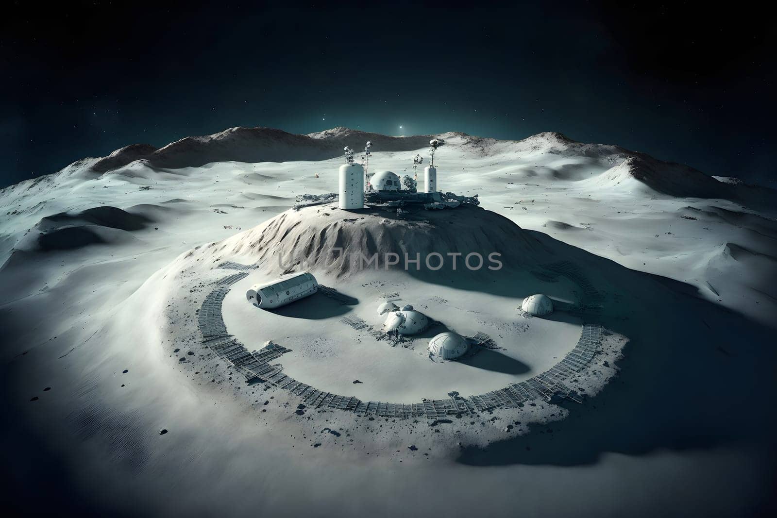 dome shaped habitat base on planet or moon surface, neural network generated art. Digitally generated image. Not based on any actual person, scene or pattern.
