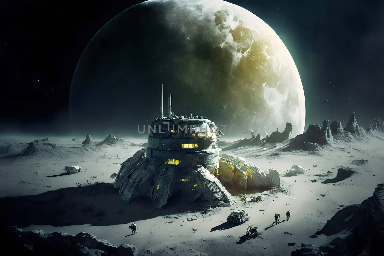 dome shaped habitat base on planet or moon surface, neural network generated art. Digitally generated image. Not based on any actual person, scene or pattern.