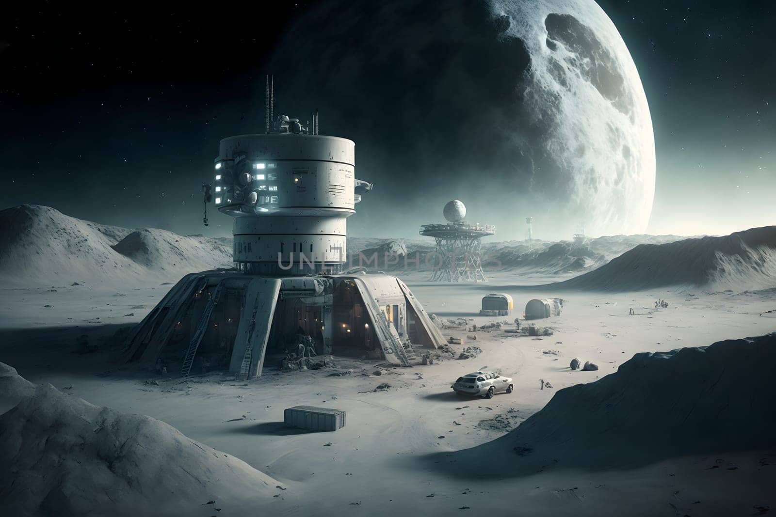 dome shaped habitat base on planet or moon surface, neural network generated art. Digitally generated image. Not based on any actual person, scene or pattern.