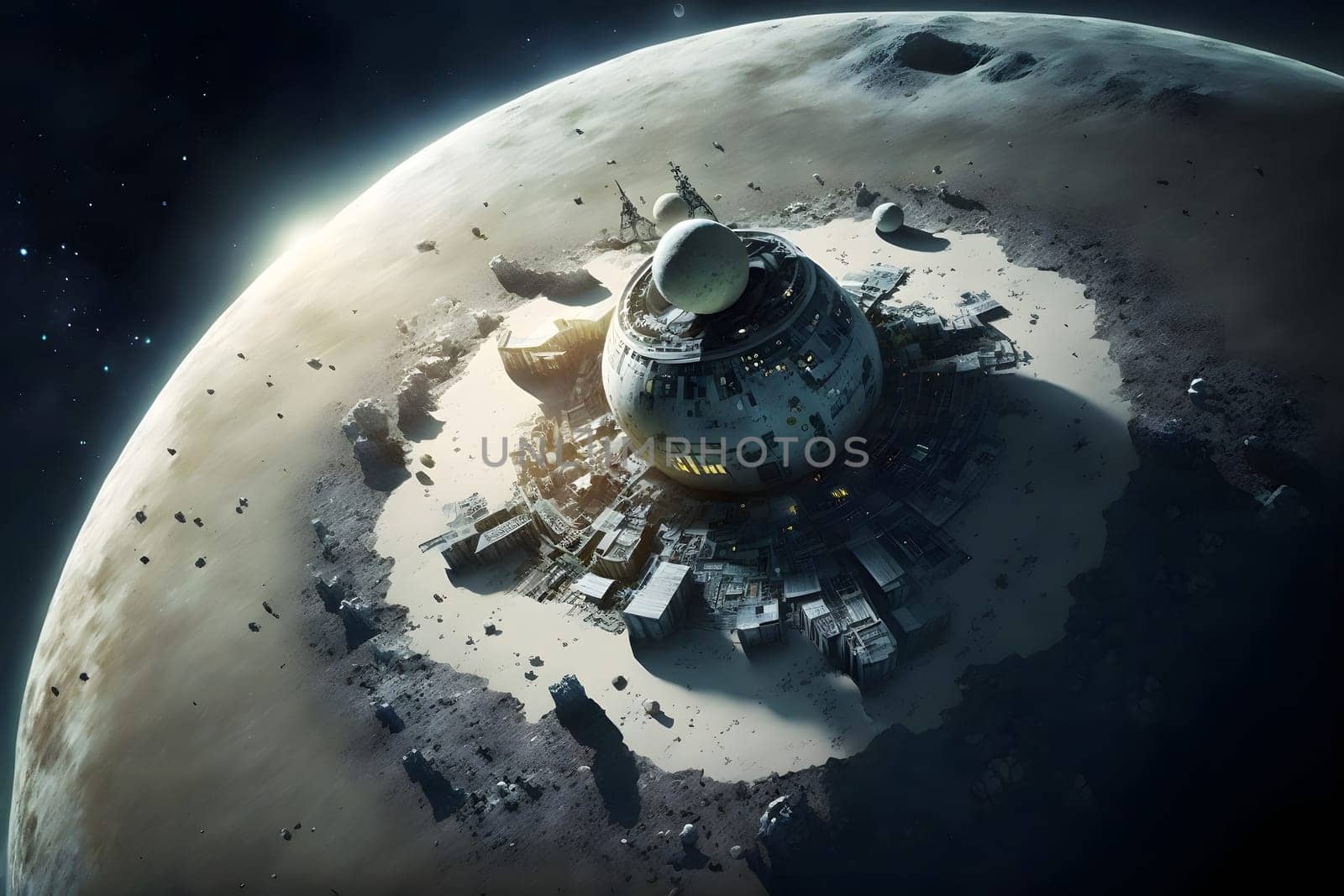 dome shaped habitat base on planet or moon surface, neural network generated art. Digitally generated image. Not based on any actual person, scene or pattern.