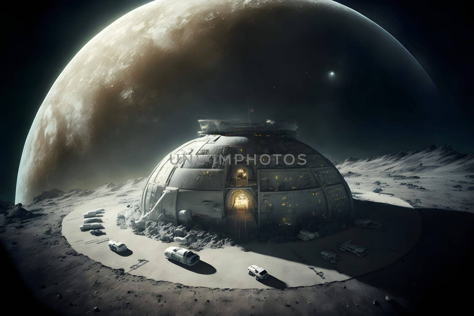 dome shaped habitat base on planet or moon surface, neural network generated art. Digitally generated image. Not based on any actual person, scene or pattern.