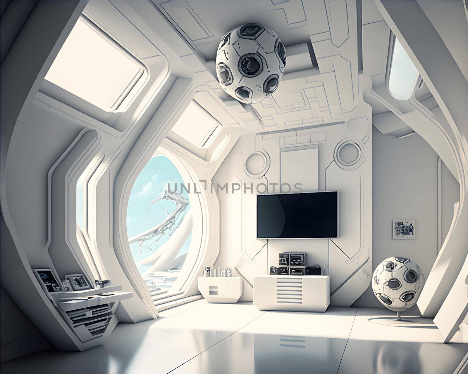 white interior of utopian futuristic moonbase, neural network generated art. Digitally generated image. Not based on any actual scene or pattern.