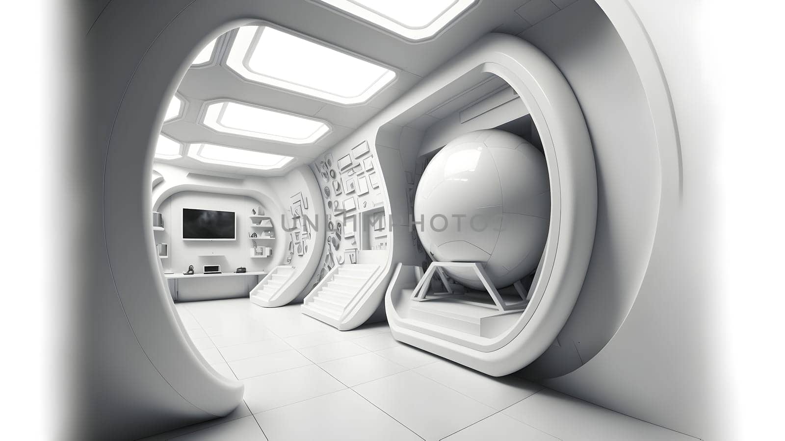 white interior of utopian futuristic moonbase, neural network generated art. Digitally generated image. Not based on any actual scene or pattern.