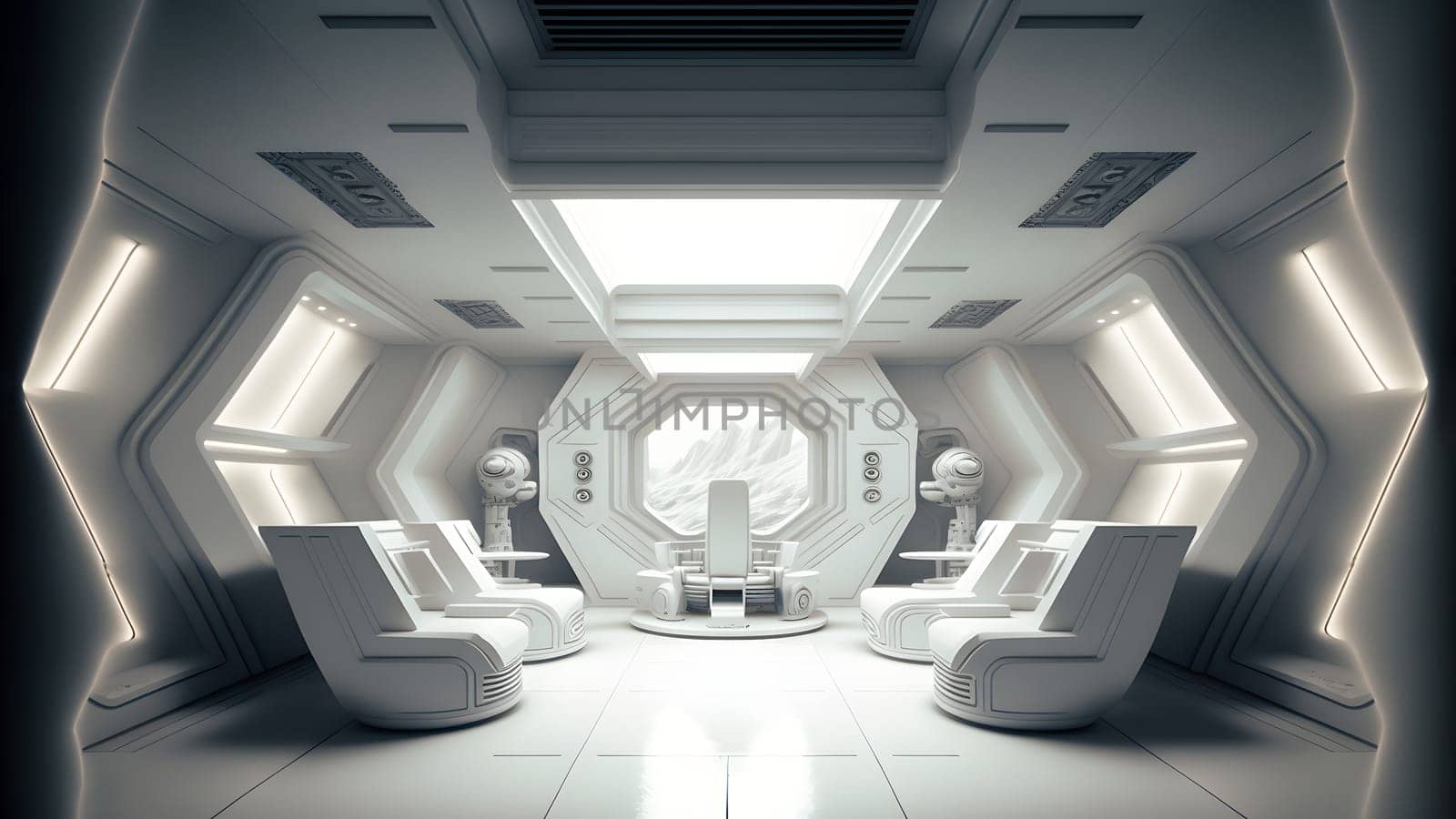 white interior of utopian futuristic moonbase, neural network generated art. Digitally generated image. Not based on any actual scene or pattern.