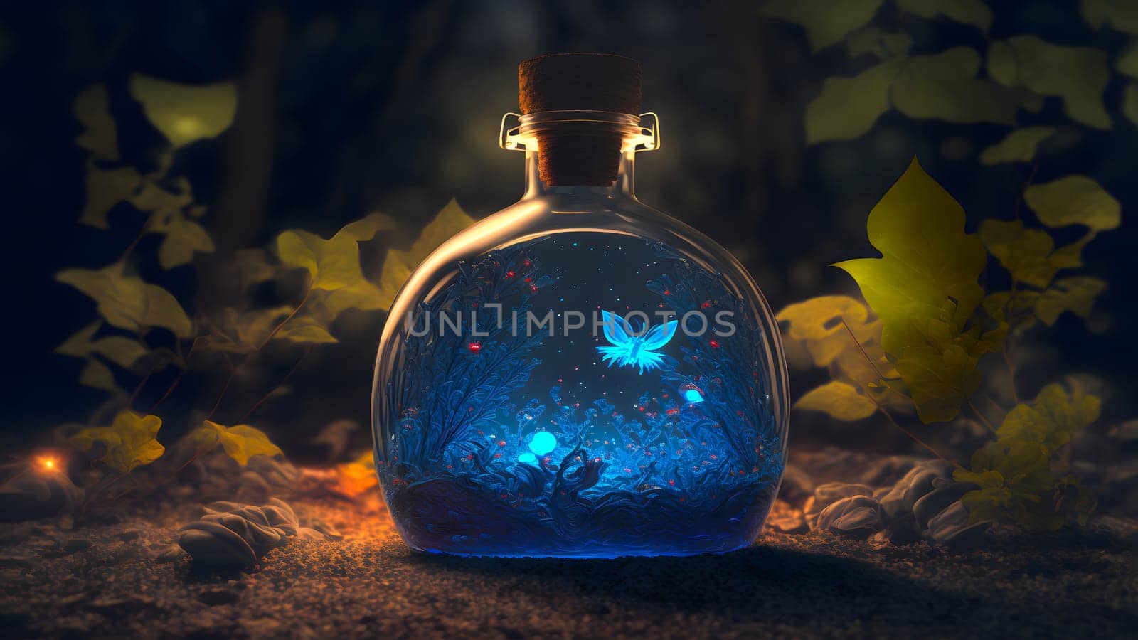 glowing potion bottle with magic butterfly inside on night forest ground, neural network generated art by z1b