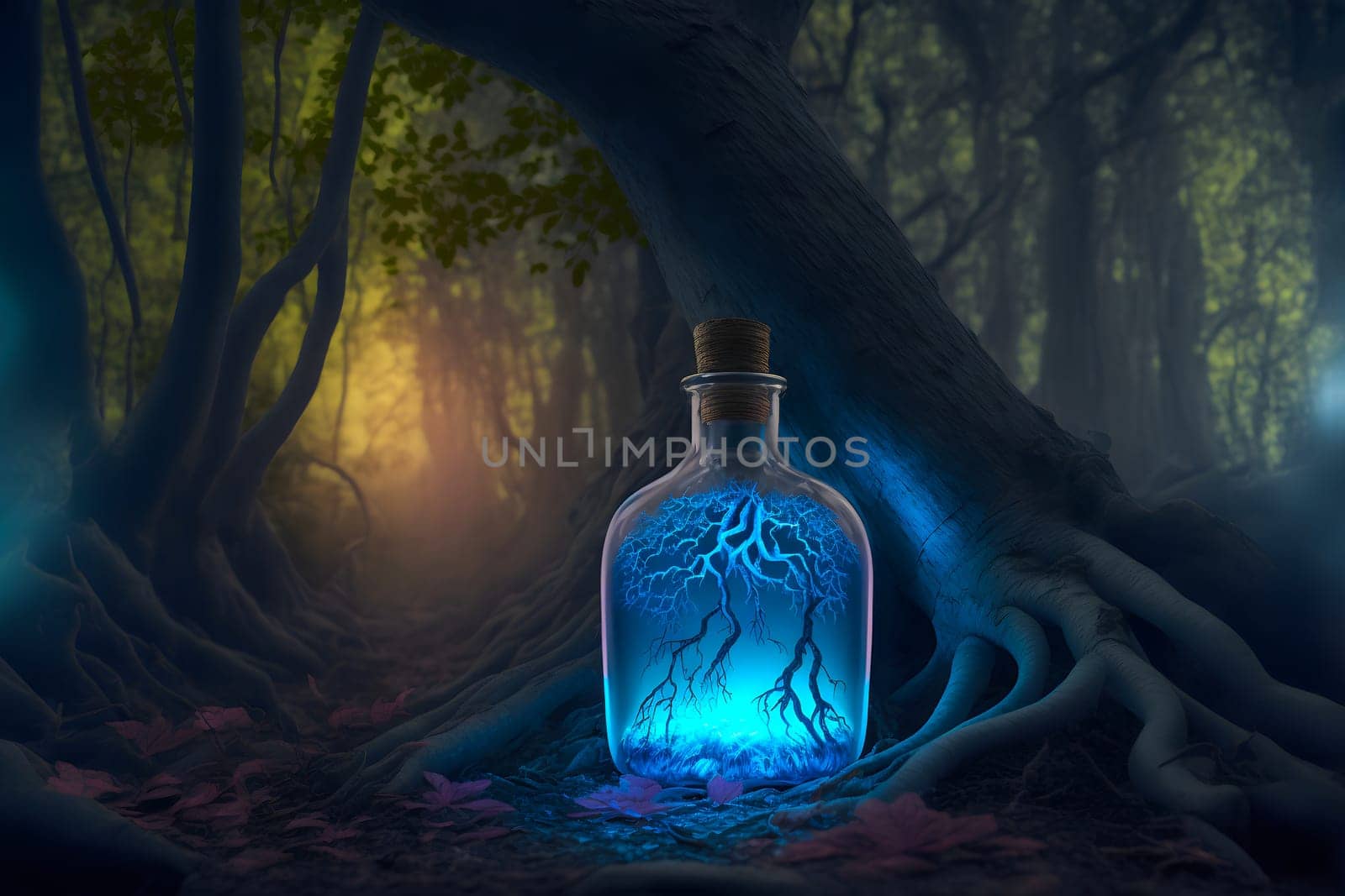 glowing potion bottle on night forest ground, neural network generated art. Digitally generated image. Not based on any actual person, scene or pattern.