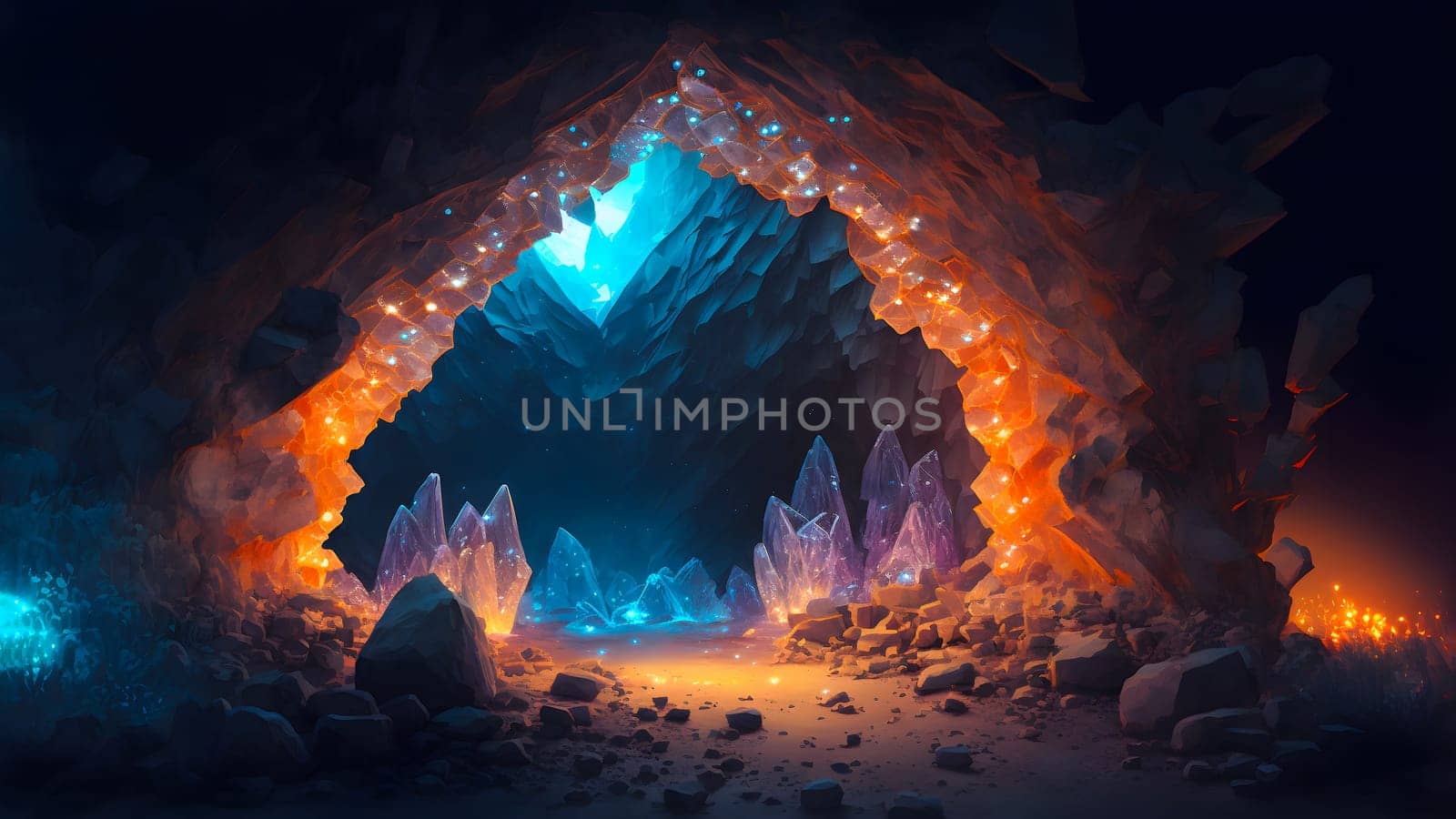 glowing crystal cave tunnel, neural network generated art. Digitally generated image. Not based on any actual person, scene or pattern.