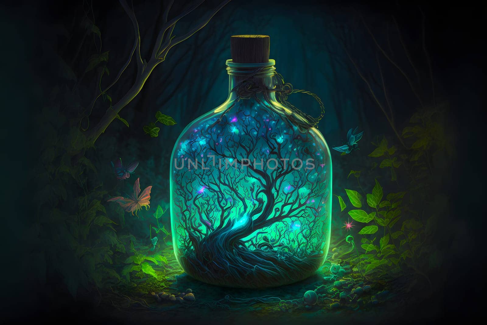 glowing potion bottle with magic tree inside on night forest ground, neural network generated art by z1b