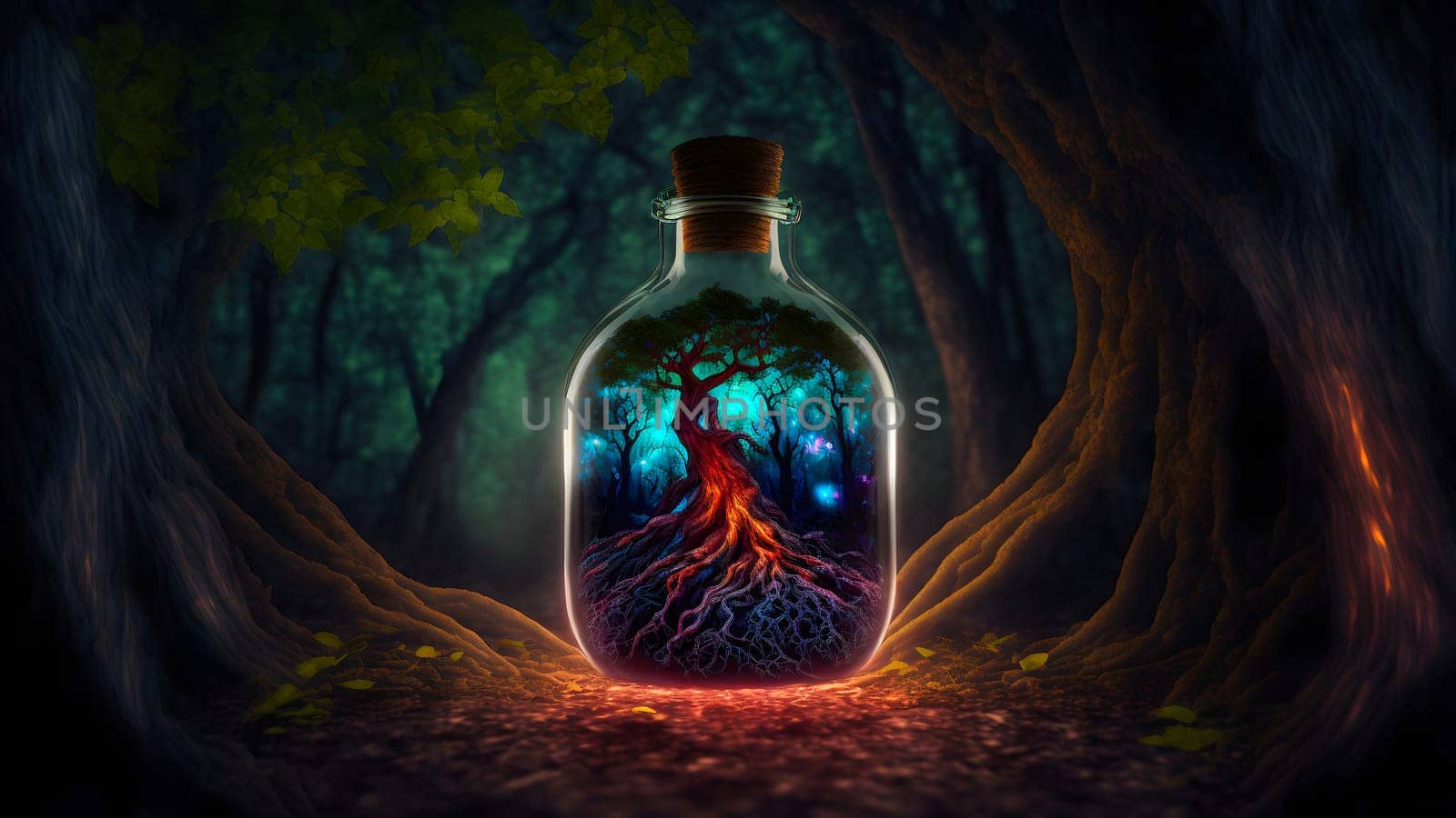 glowing potion bottle with magic tree inside on night forest ground, neural network generated art. Digitally generated image. Not based on any actual person, scene or pattern.