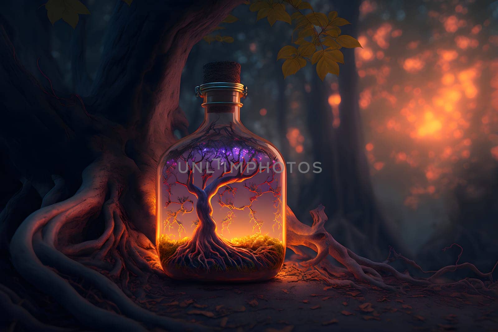 glowing potion bottle with magic tree inside on night forest ground, neural network generated art. Digitally generated image. Not based on any actual person, scene or pattern.