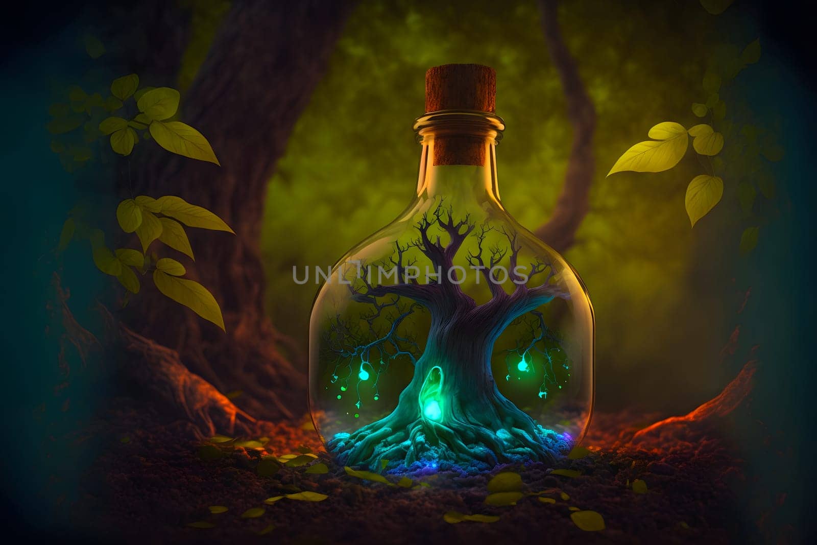 glowing potion bottle with magic tree inside on night forest ground, neural network generated art by z1b