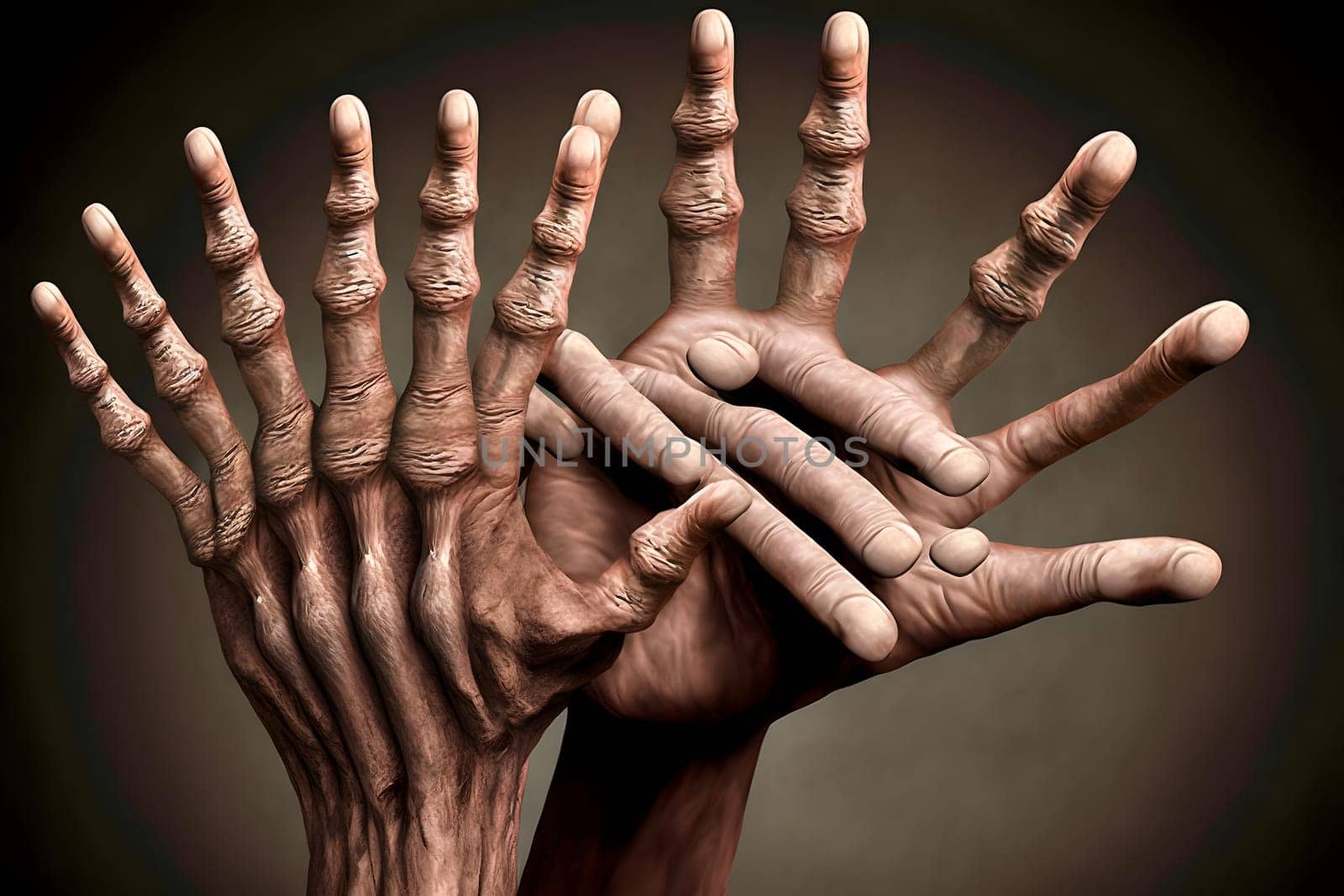 mutant caucasian human hand with abnormal amount of fingers, neural network generated art. Digitally generated image. Not based on any actual person, scene or pattern.