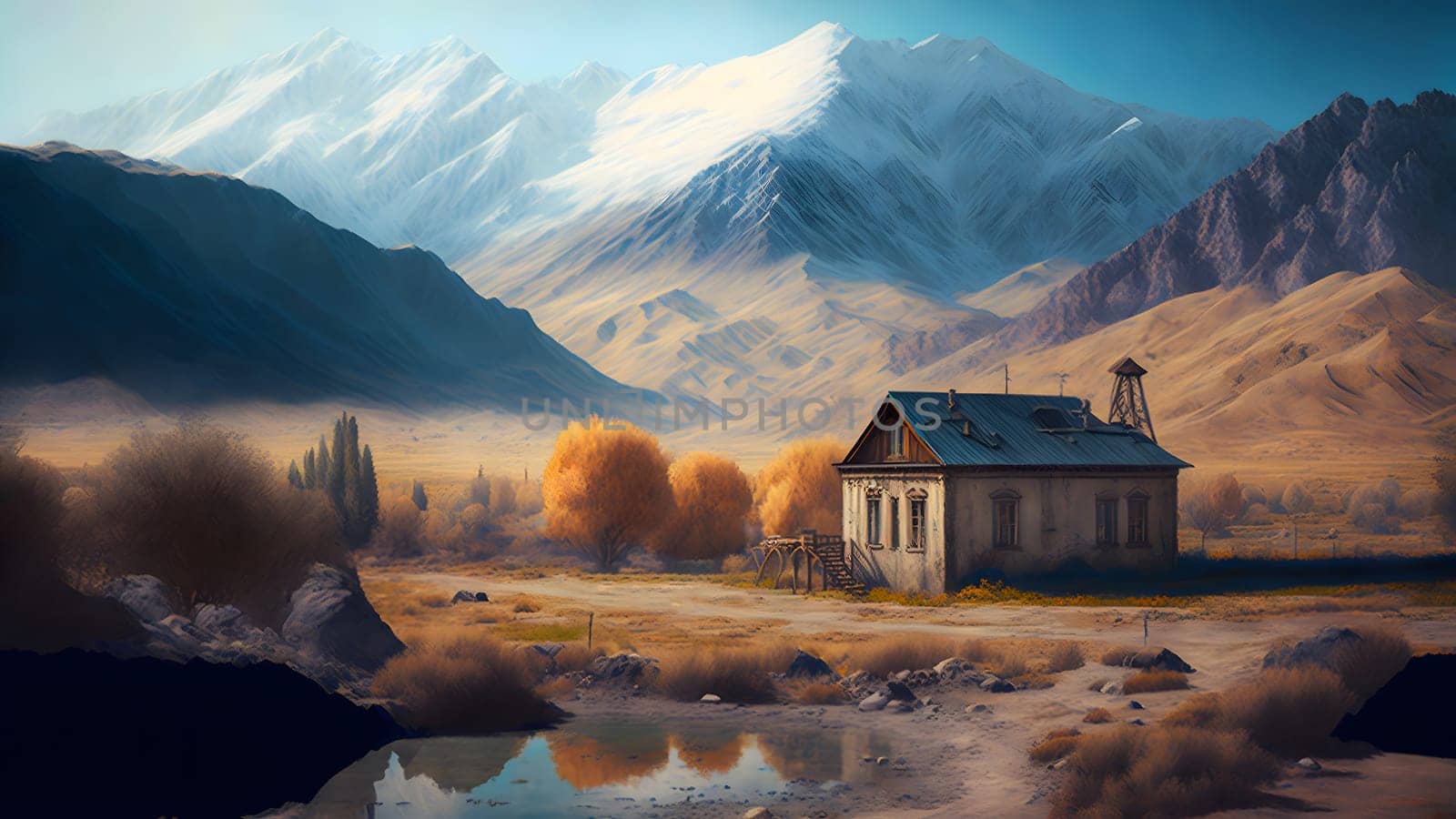 landscape of wild mountain valley with small old house at sunny autumnal day, neural network generated art. Digitally generated image. Not based on any actual person, scene or pattern.