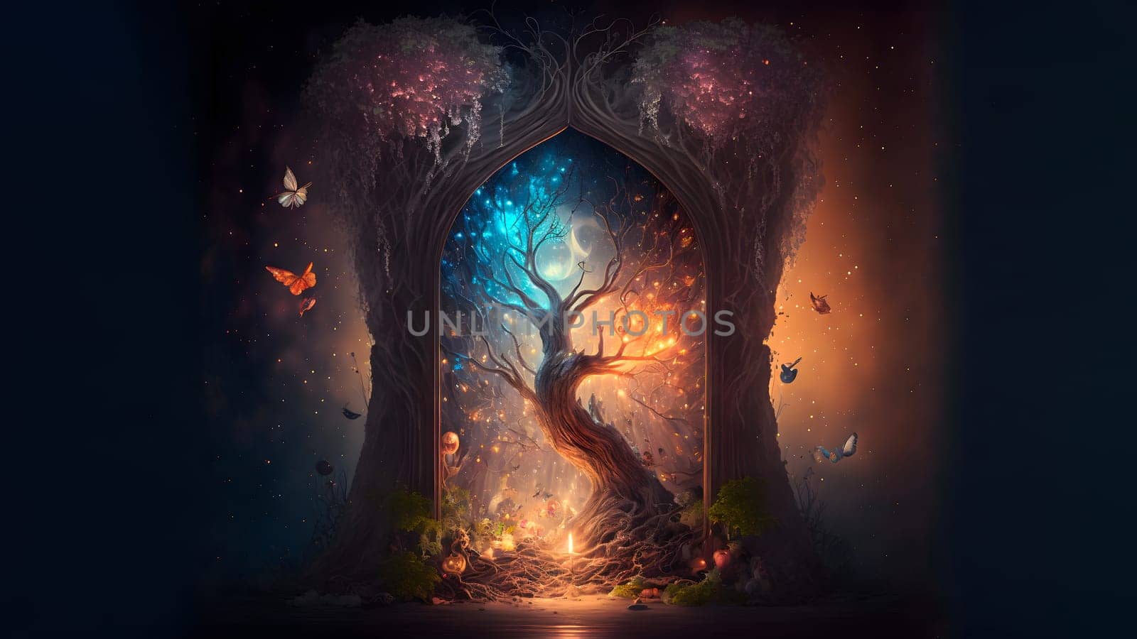 magic tree inside an arch,, neural network generated art. Digitally generated image. Not based on any actual person, scene or pattern.