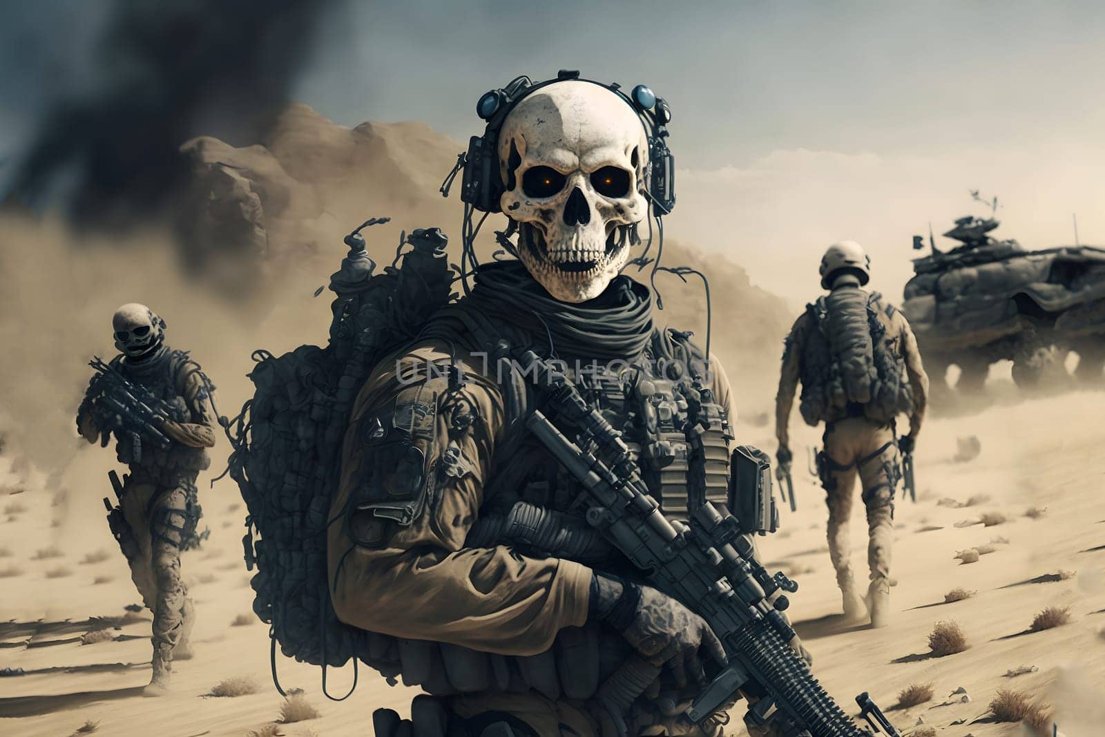 contemporary infantry soldier is a skelet in a desert at sunny day, neural network generated art. Digitally generated image. Not based on any actual person, scene or pattern.