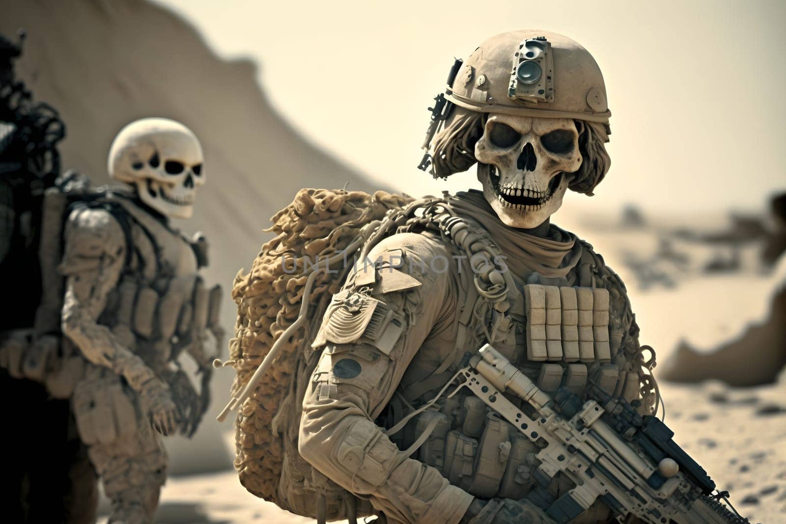 contemporary infantry soldier is a skelet in a desert at sunny day, neural network generated art. Digitally generated image. Not based on any actual person, scene or pattern.