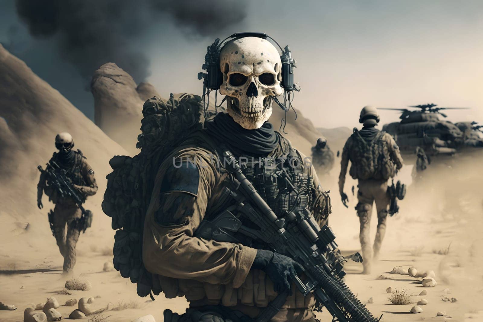 contemporary infantry soldier is a skelet in a desert at sunny day, neural network generated art. Digitally generated image. Not based on any actual person, scene or pattern.