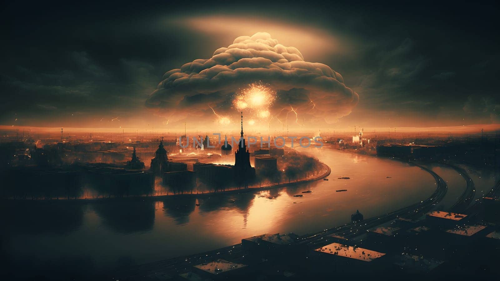 nuclear explosion mushroom cloud over russian city at morning, neural network generated art by z1b