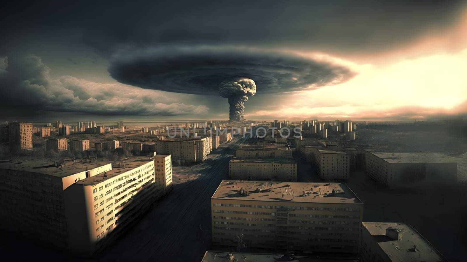 nuclear explosion mushroom cloud over russian city at morning, neural network generated art by z1b