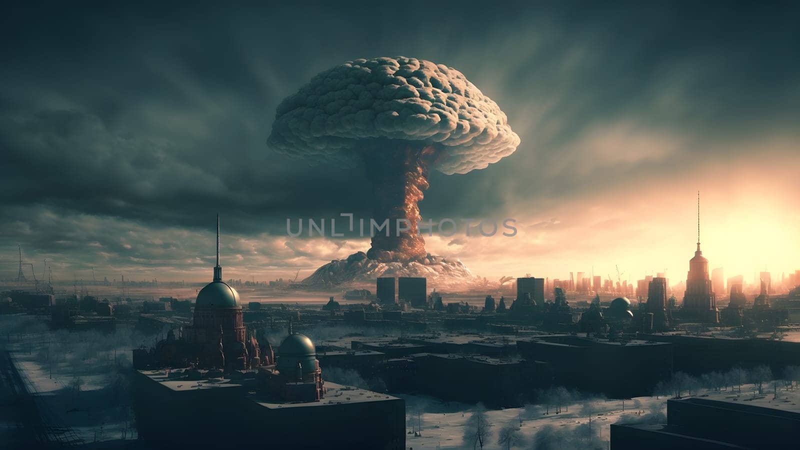nuclear explosion mushroom cloud over russian city at winter morning, neural network generated art by z1b