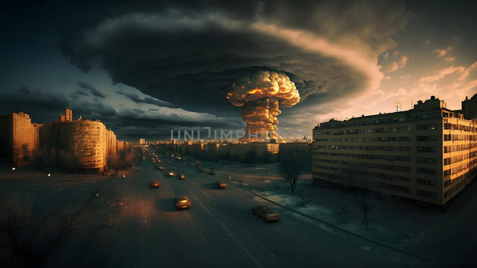 nuclear explosion mushroom cloud over russian city at winter morning, neural network generated art by z1b