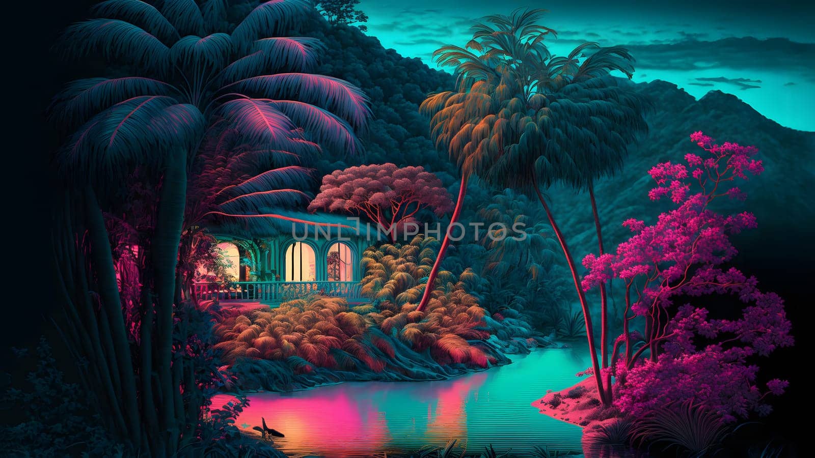 neon tropical paradise bay with turquoise water and living house, neural network generated art. Digitally generated image. Not based on any actual scene or pattern.