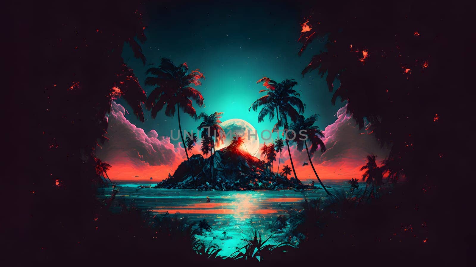 neon moon glow in tropical paradise island, neural network generated art by z1b