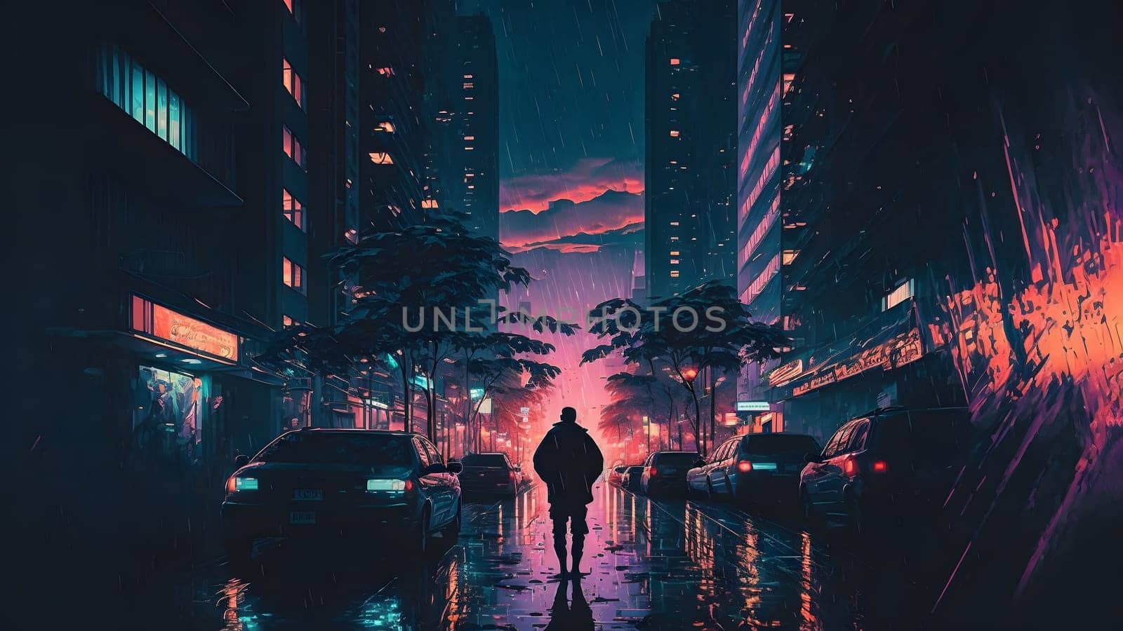 rainy night in cyberpunk city street, neural network generated art. Digitally generated image. Not based on any actual person, scene or pattern.