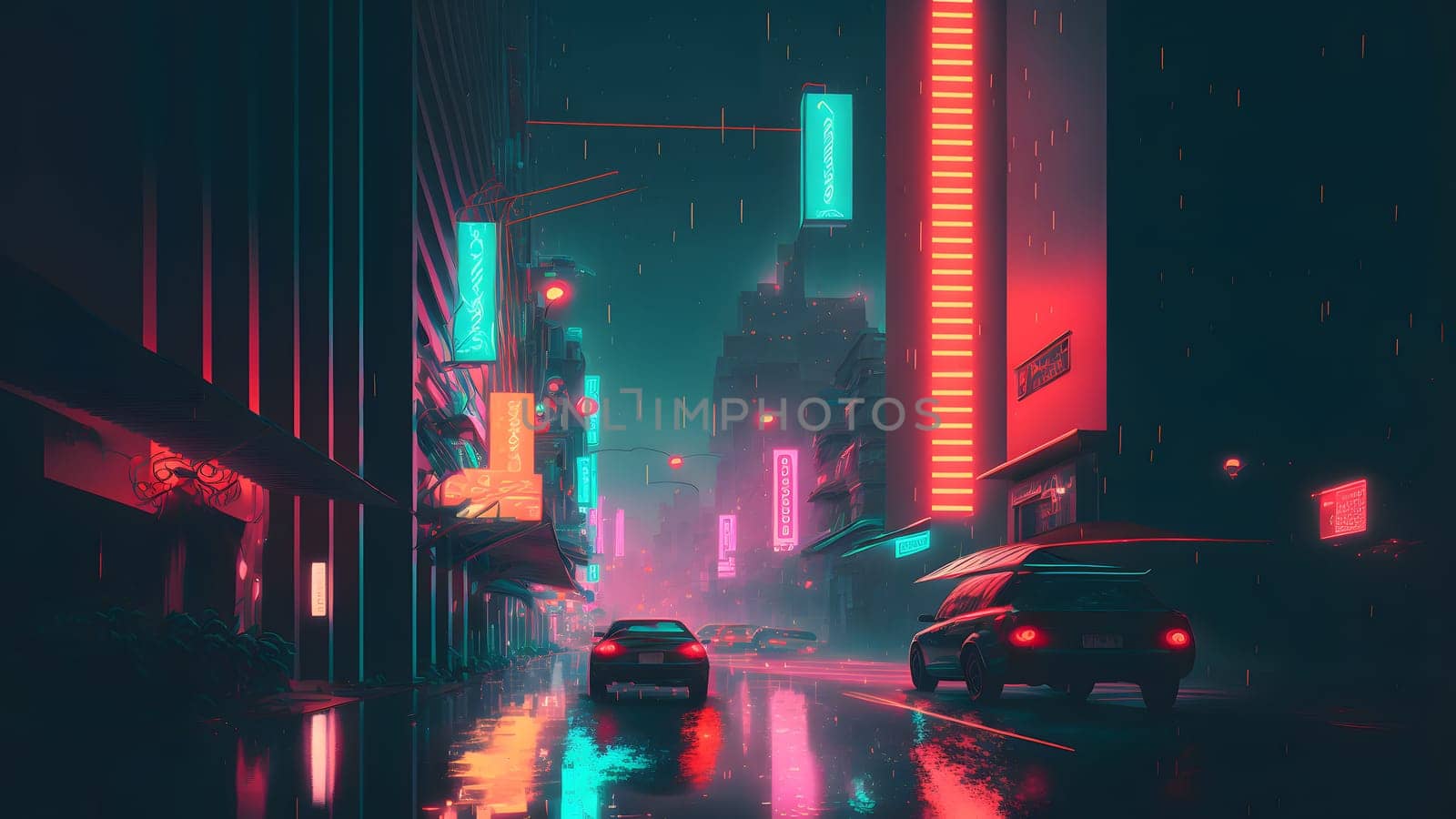 rainy night in cyberpunk city street, neural network generated art. Digitally generated image. Not based on any actual person, scene or pattern.