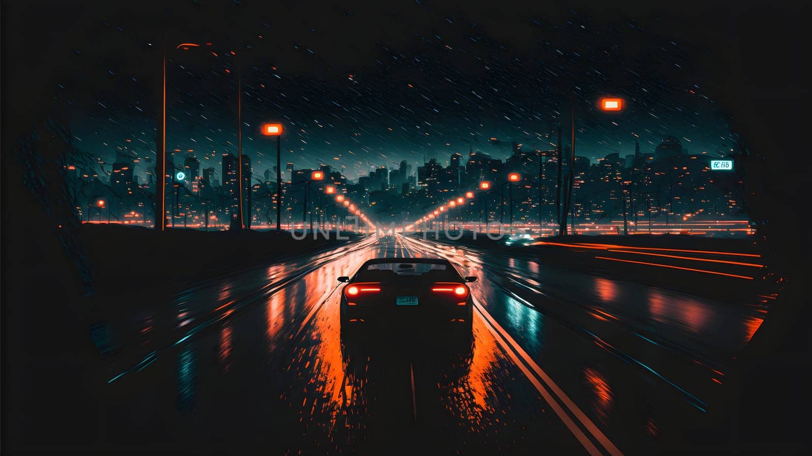 alone car on dark rainy night road to big city illuminated with rows of street lamps, neural network generated art by z1b