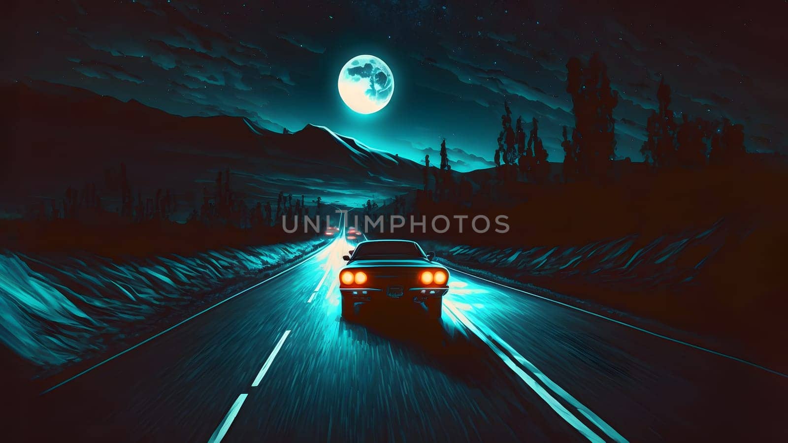 alone car on full moon night road in wilderness with forest on sides and mountains on the horizon, neural network generated art. Digitally generated image. Not based on any actual scene or pattern.