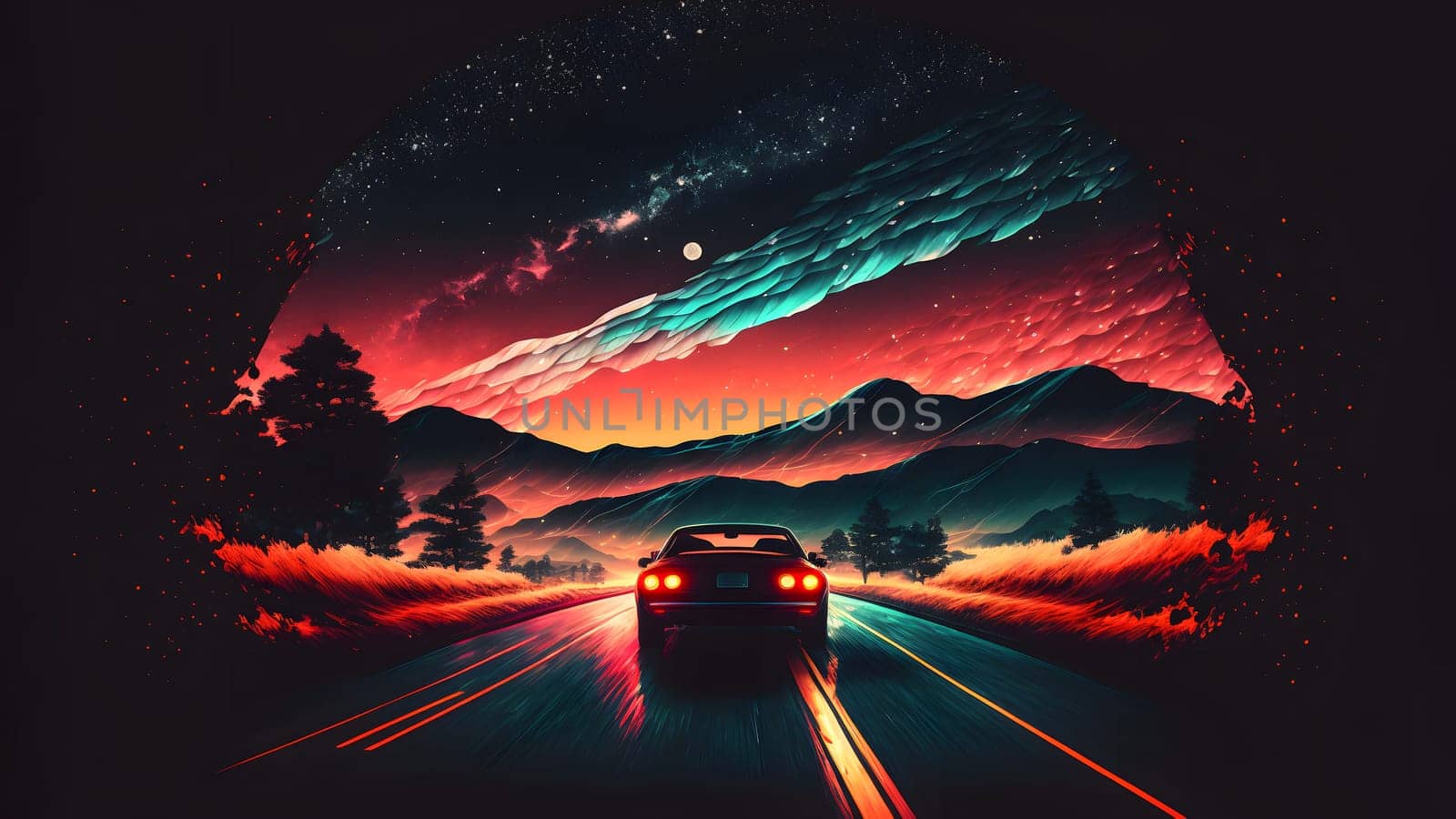 alone car on dark night road in wilderness with forest on sides and mountains on the horizon, neural network generated art by z1b