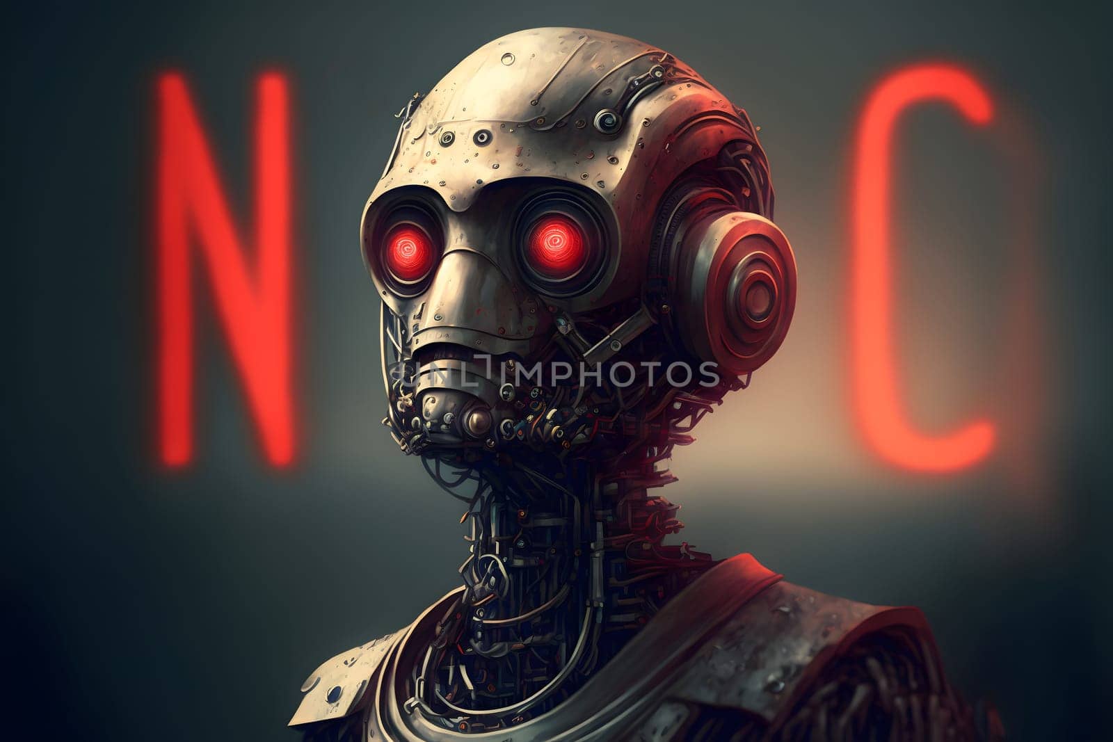 portrait of robot with eyes glowing red and letters N and C in the background, neural network generated art. Digitally generated image. Not based on any actual person, scene or pattern.