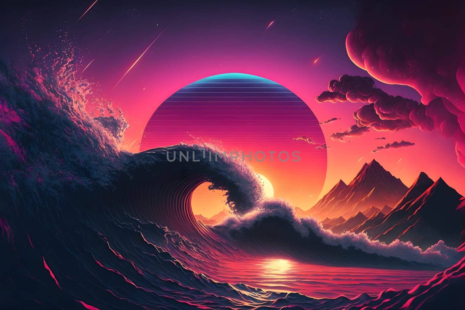 ocean wave at purple sunset in retro style, neural network generated art by z1b