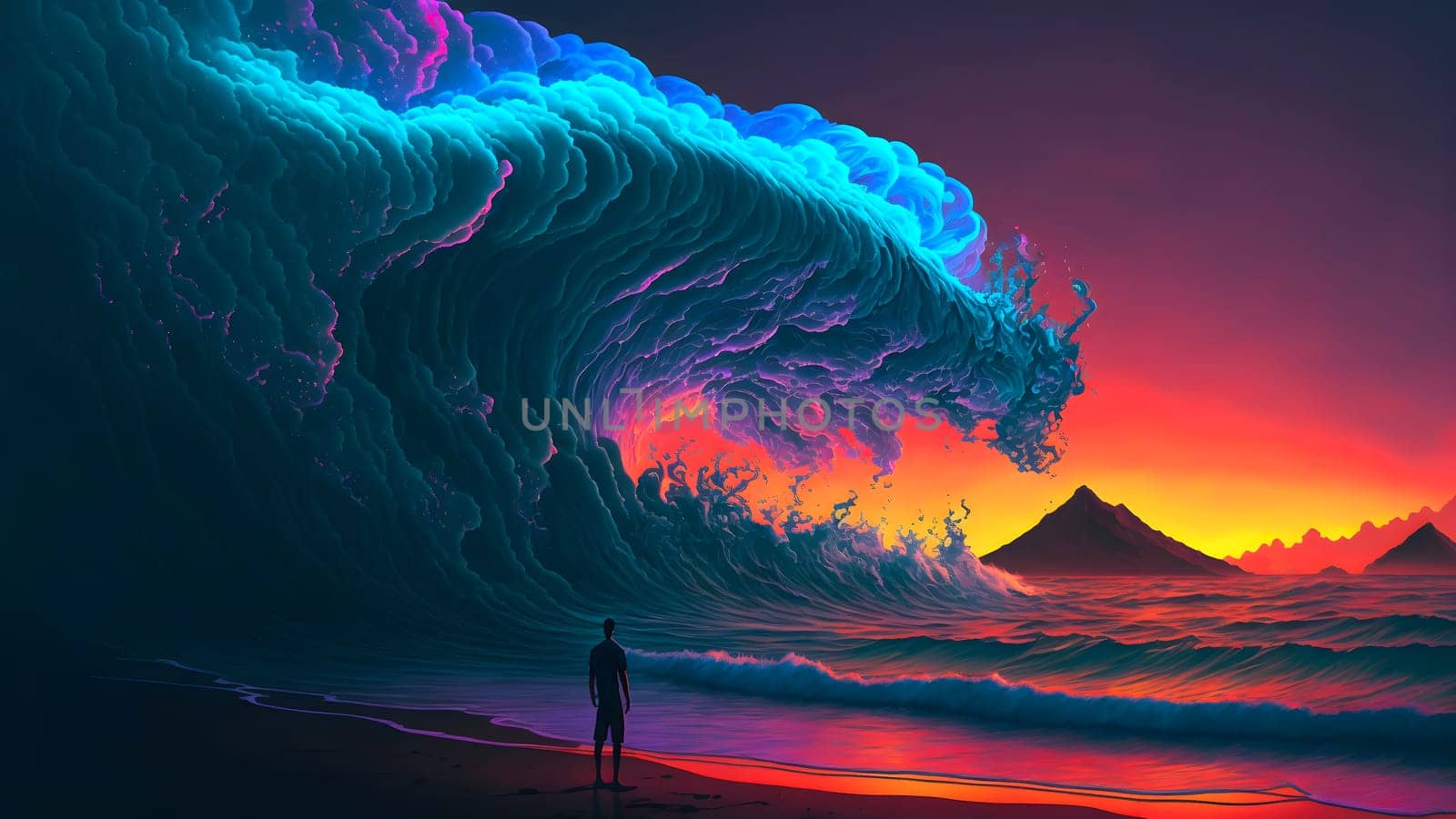 man on the beach watching giant cyan ocean wave about to crush him with purple sunset background, neural network generated art by z1b